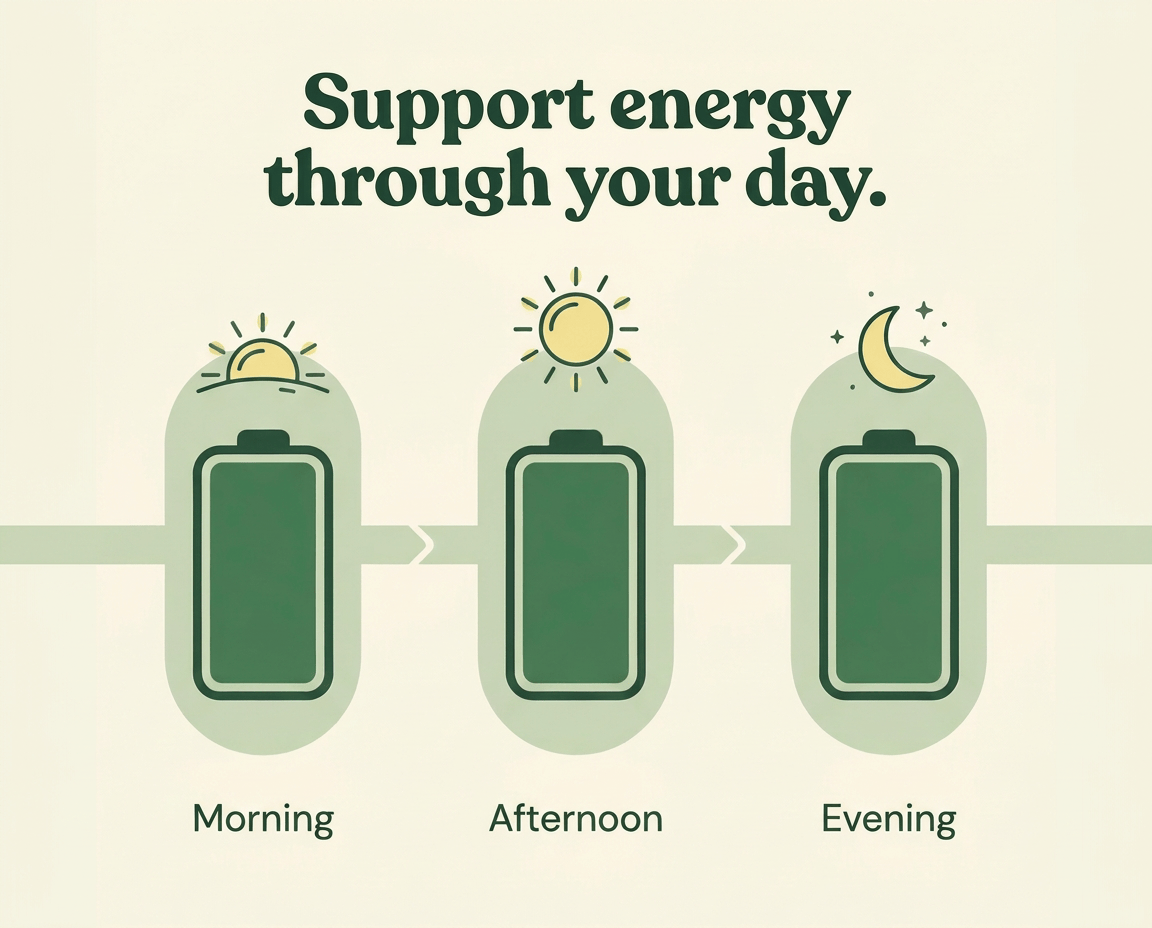 Morning, afternoon and evening energy support without caffeine