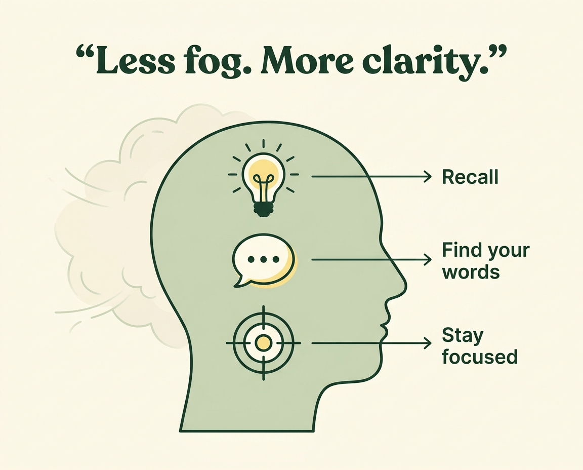 Mental clarity support for recall, finding words and staying focused